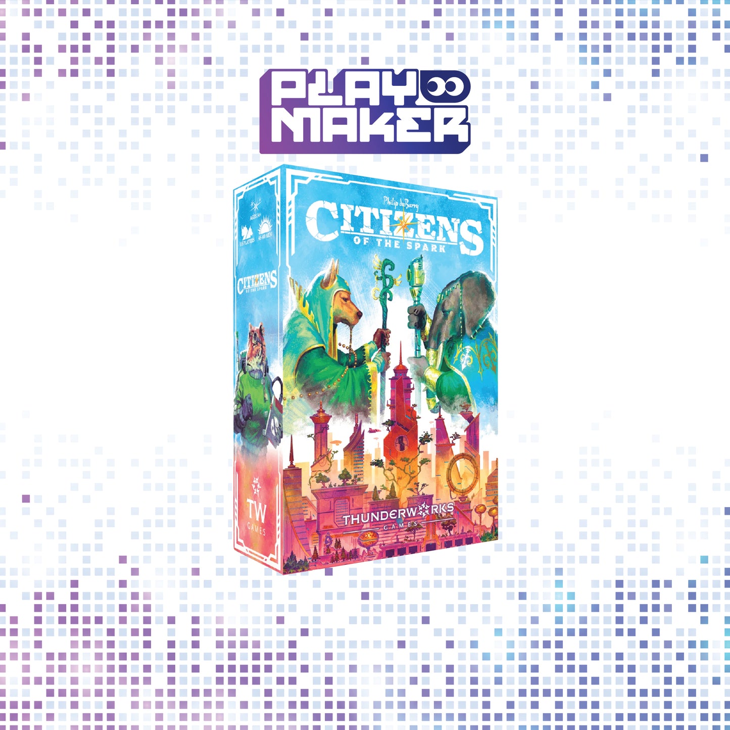 Board game box for 'Citizens of the Spark' by Thunderworks on a mosaic background