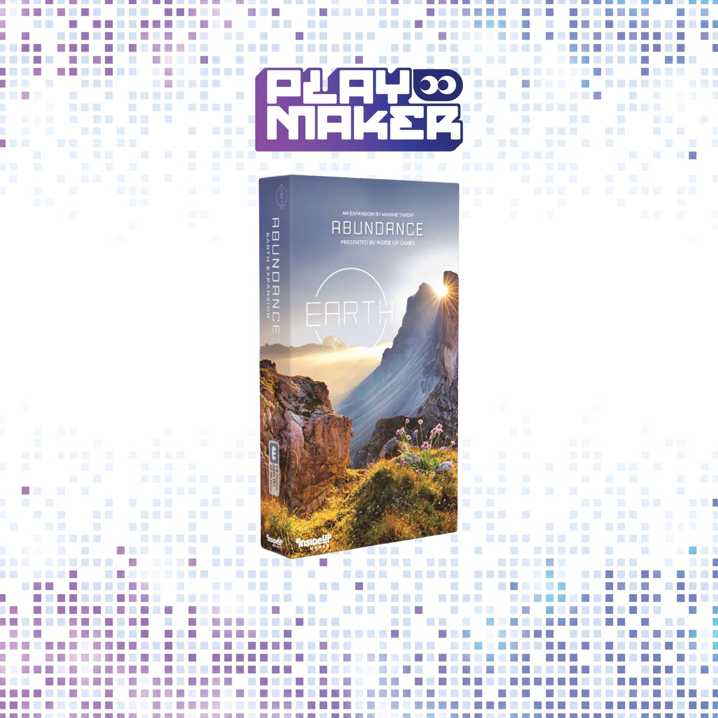 Earth: Abundance boardgame box with 'Playmaker' branding on a mosaic background