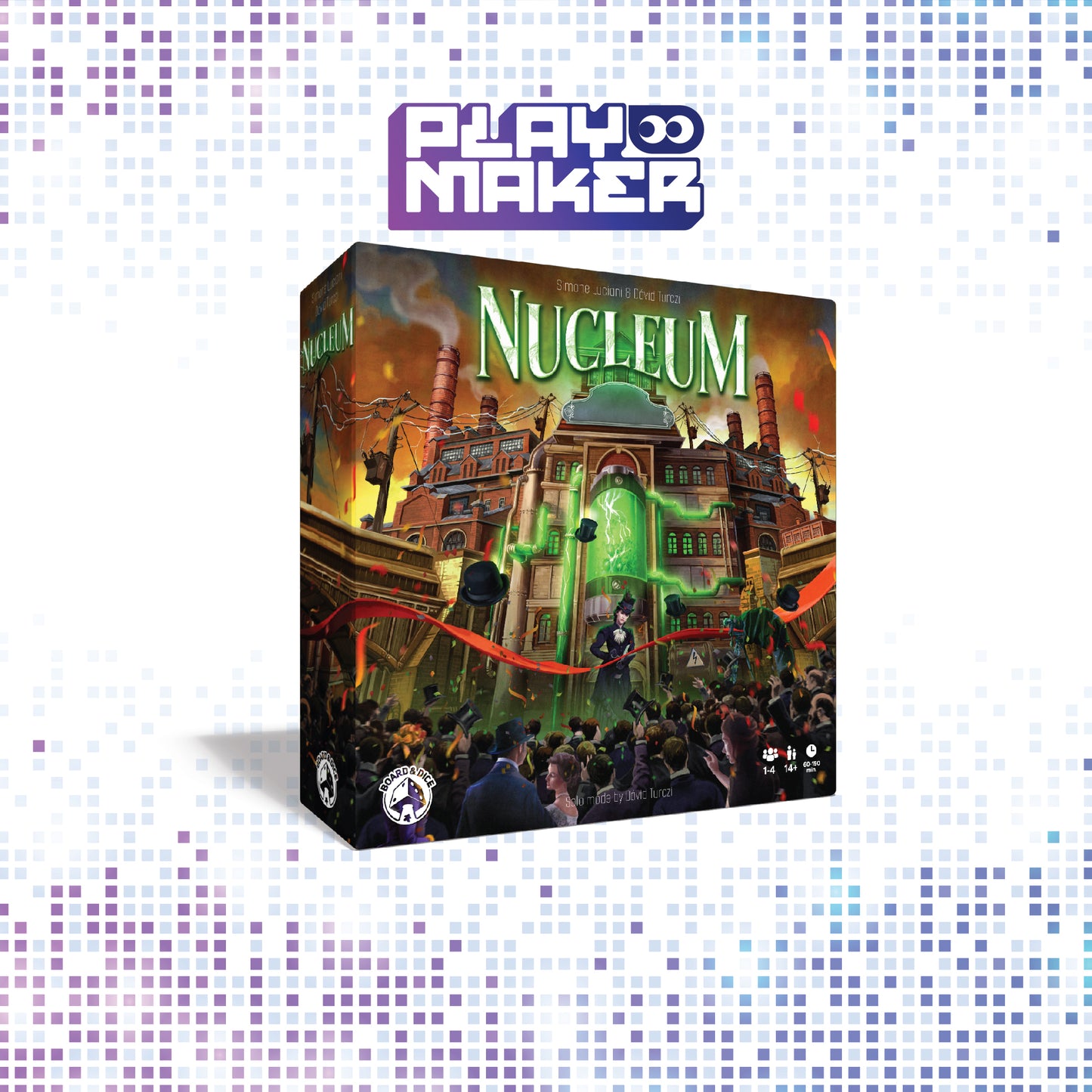 Board game box titled 'Nucleum' by Playmaker on a mosaic background