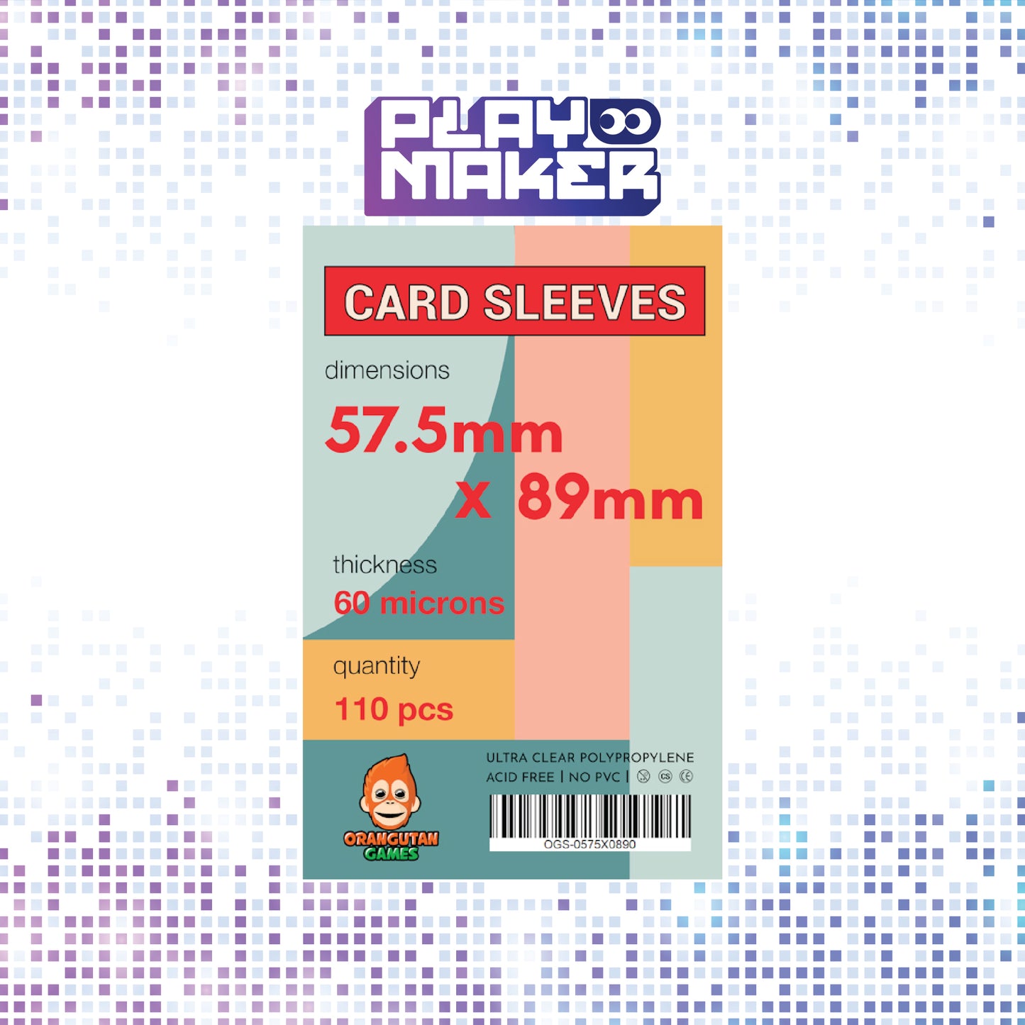 OGS Sleeves 57.5mm x 89mm Card sleeves packaging with dimensions and details on a colorful background