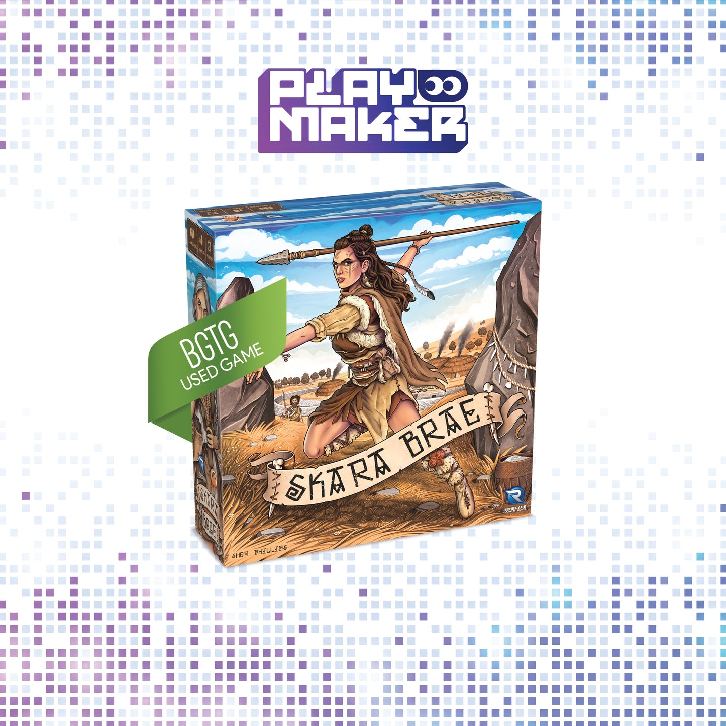 Board game box titled 'Skara Brae' by Playmaker on a patterned background