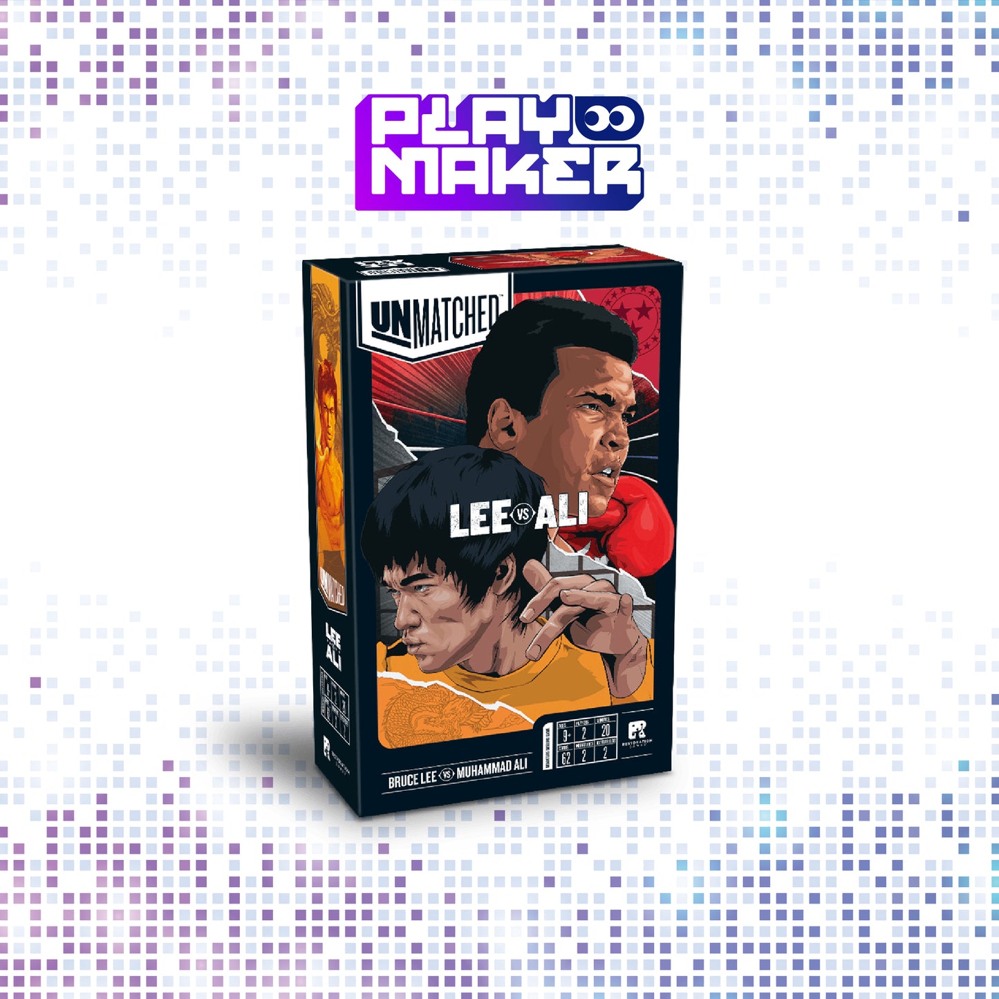 Box for Unmatched - Bruce Lee and Muhammad Ali with 'Playmaker' branding on a mosaic background.