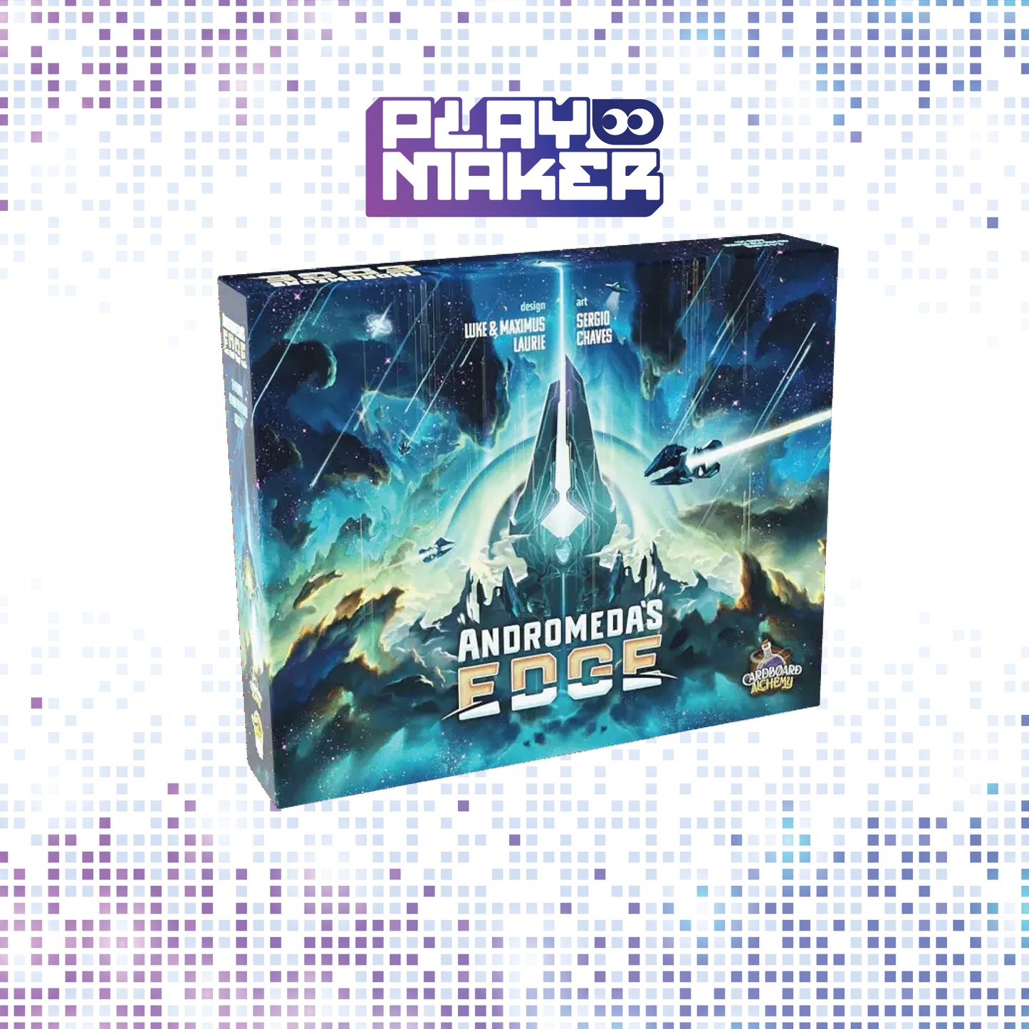 Board game box titled 'Andromeda's Edge' by Playmaker on a light blue and purple pixelated background.