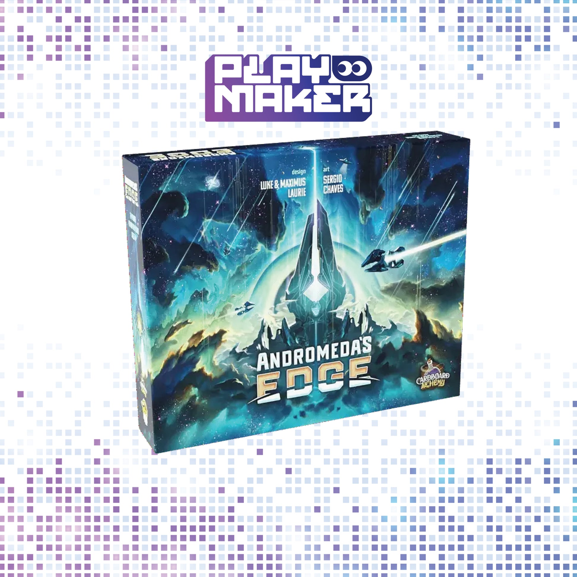 Board game box titled 'Andromeda's Edge' by Playmaker on a light blue and purple pixelated background.