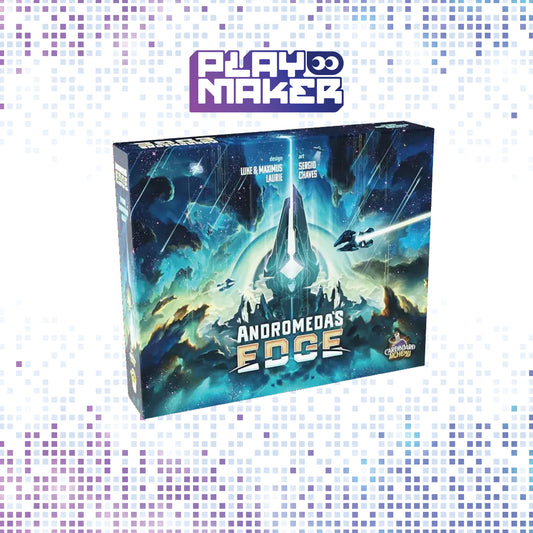 Board game box titled 'Andromeda's Edge' by Playmaker on a light blue and purple pixelated background.