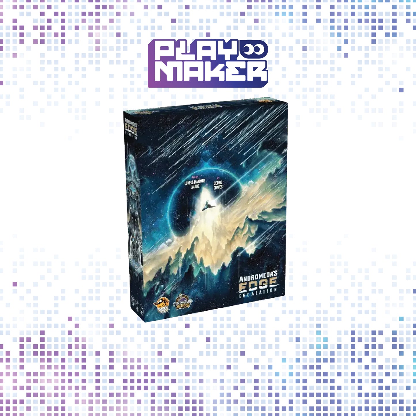 Andromeda's Edge: Escalation Board game box titled 'Playmaker' with a space-themed design on a mosaic background.