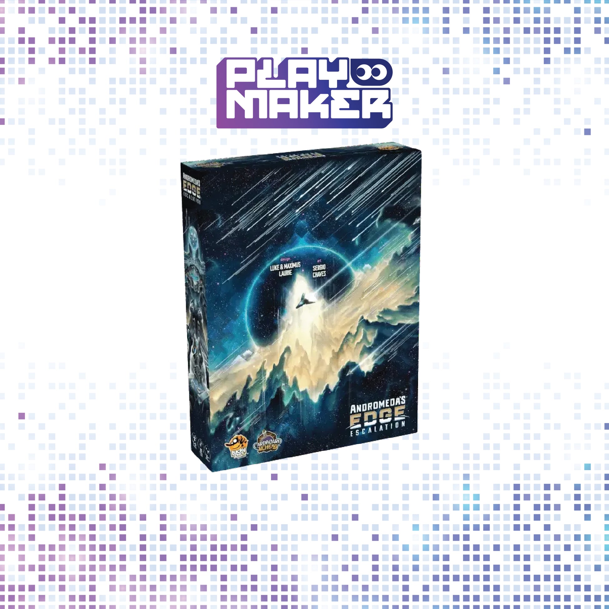 Andromeda's Edge: Escalation Board game box titled 'Playmaker' with a space-themed design on a mosaic background.
