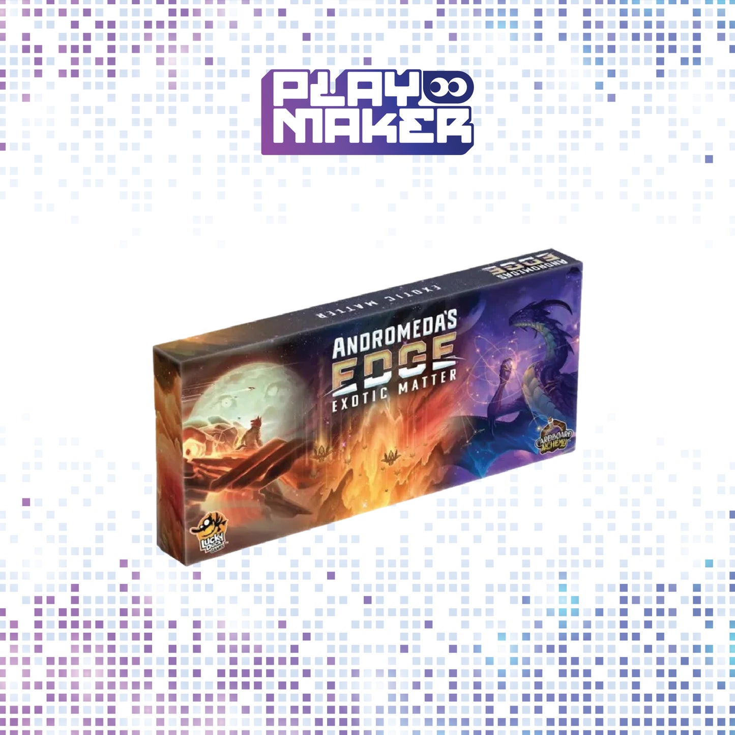 Board game box titled 'Andromeda's Edge Exotic Matter' by Playmaker on a mosaic background