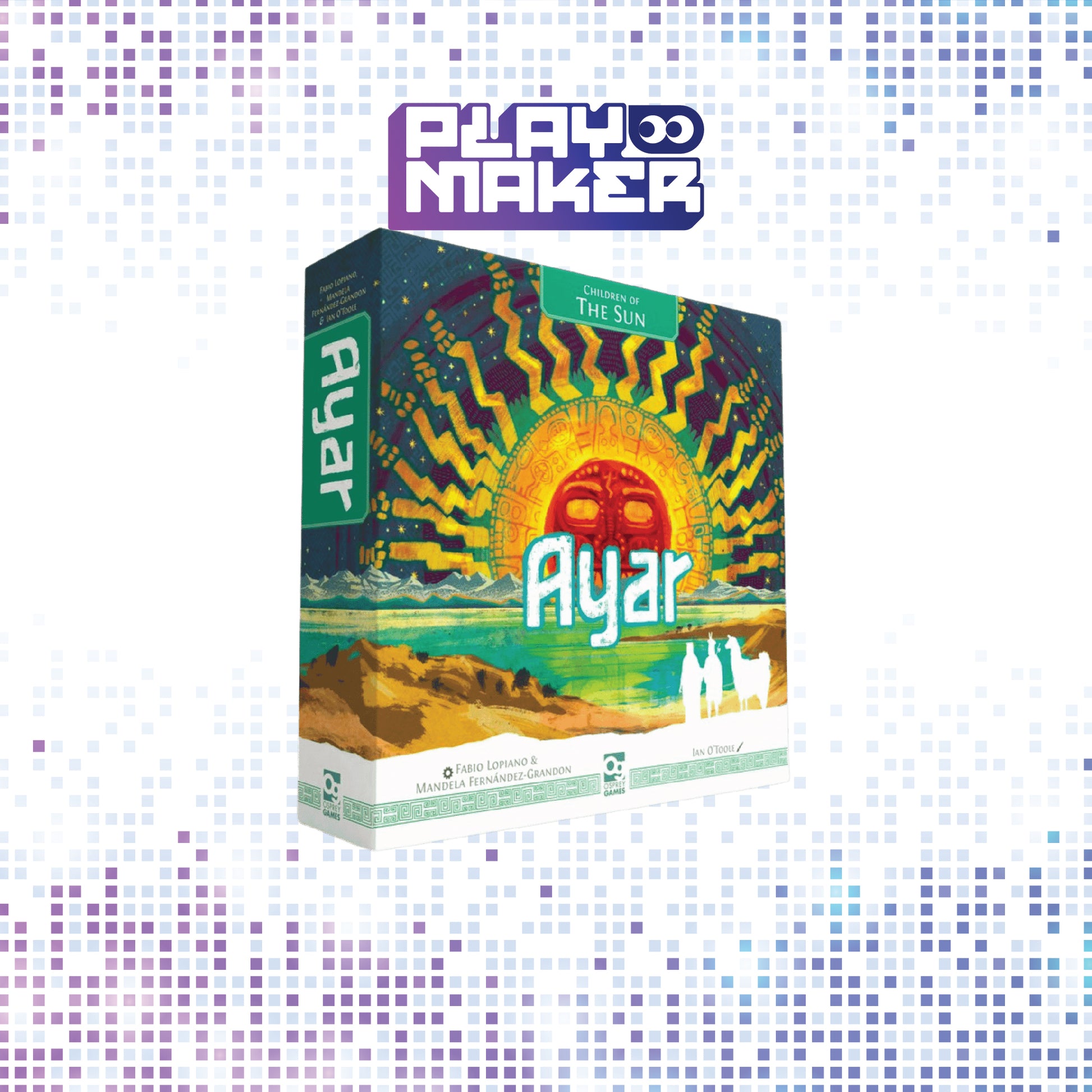 Board game box titled 'Ayar: Children of the Sun' by Playmaker on a mosaic background