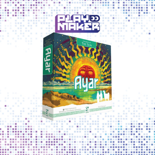Board game box titled 'Ayar: Children of the Sun' by Playmaker on a mosaic background