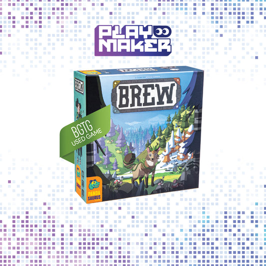 Board game box titled 'BREW' by Playmaker on a mosaic background