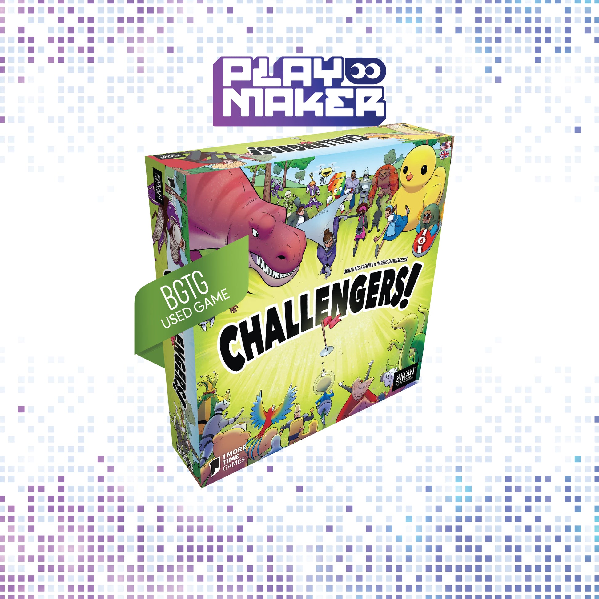 Board game box titled 'Challengers!' by Playmaker on a mosaic background