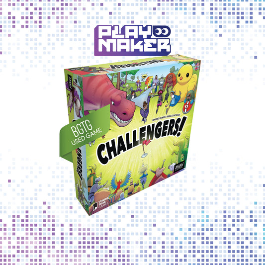 Board game box titled 'Challengers!' by Playmaker on a mosaic background