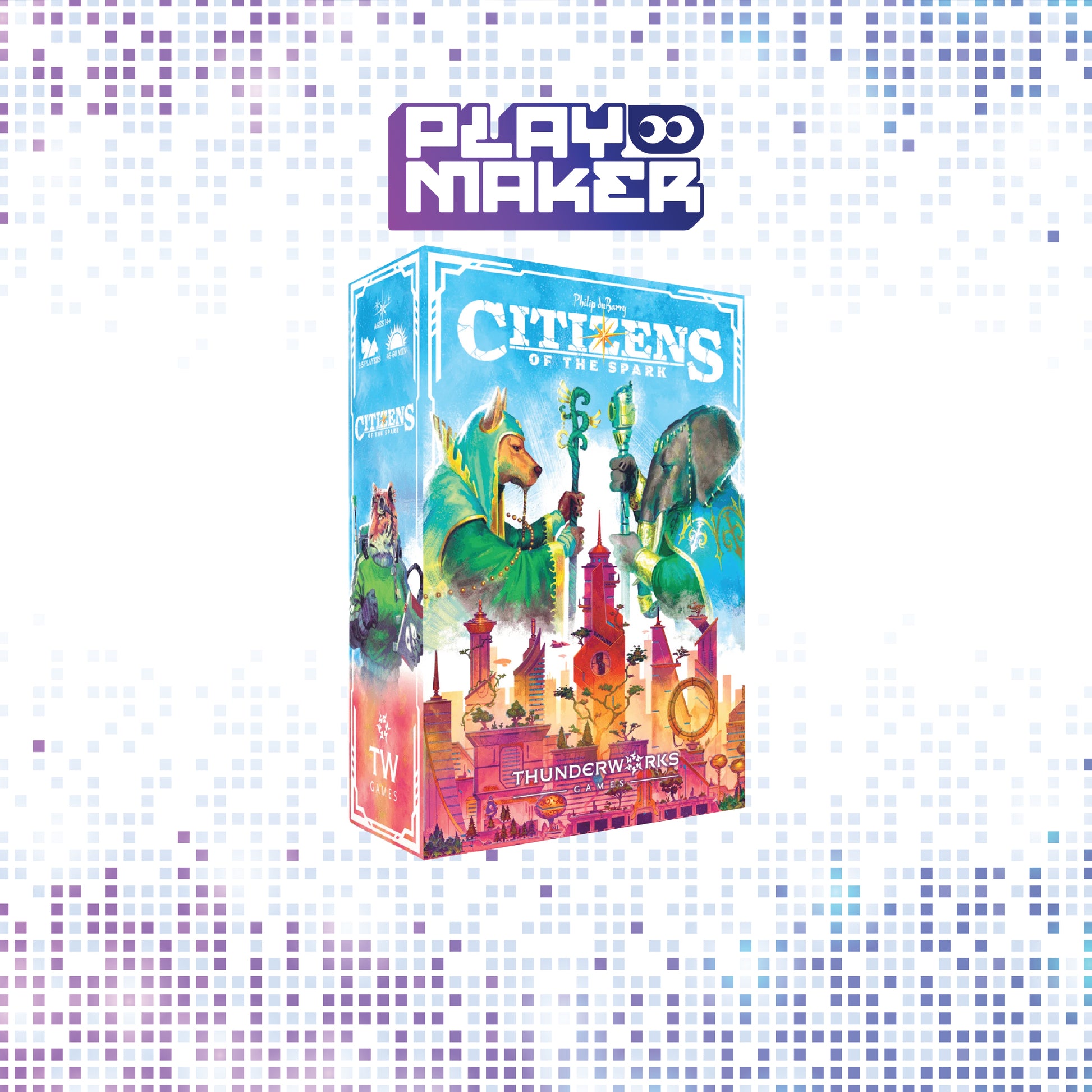 Board game box for 'Citizens of the Spark' by Thunderworks on a mosaic background