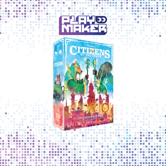 Board game box for 'Citizens of the Spark' by Thunderworks on a mosaic background