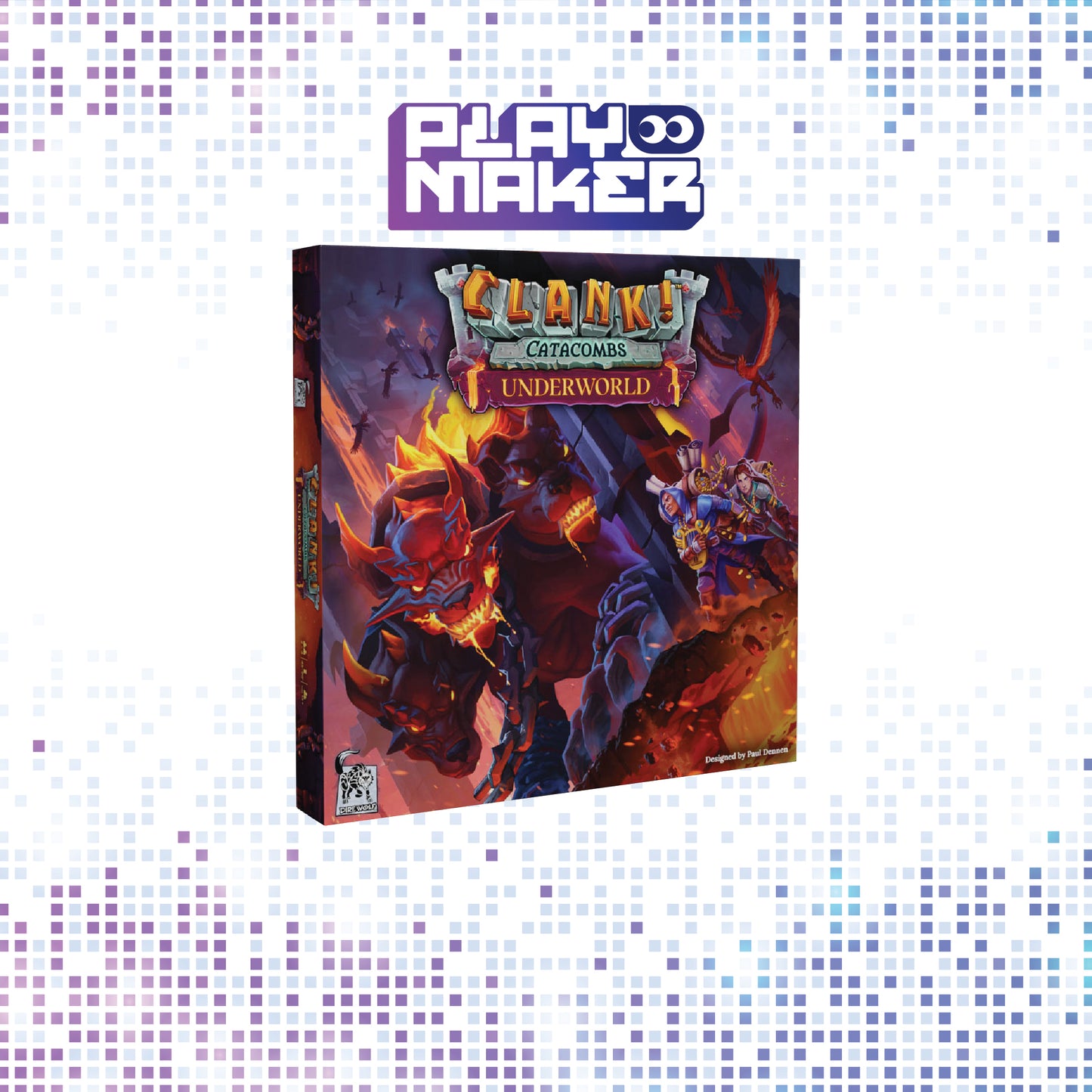 Board game box titled 'Clank! Catacombs Underworld' by Playmaker on a mosaic background