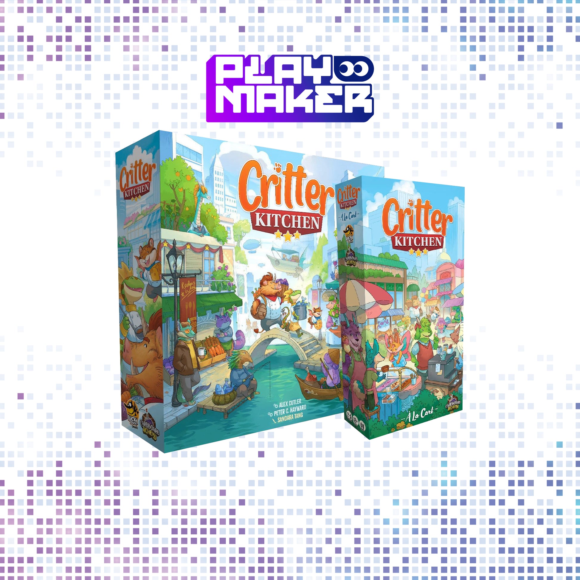 Board game box for 'Critter Kitchen' by Playmaker on a patterned background