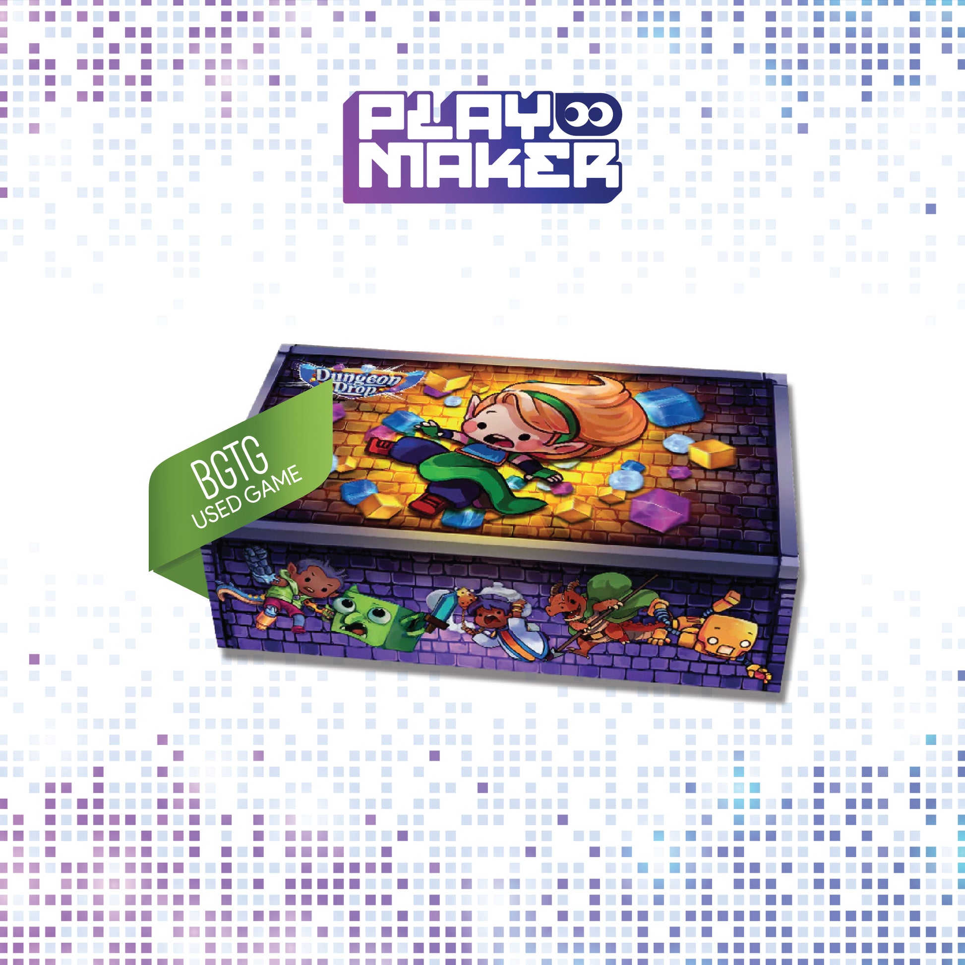 Dungeon Drop game box with colorful graphics and 'Playmaker' branding on a pixelated background.