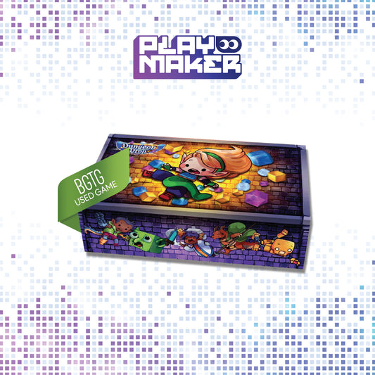 Dungeon Drop game box with colorful graphics and 'Playmaker' branding on a pixelated background.