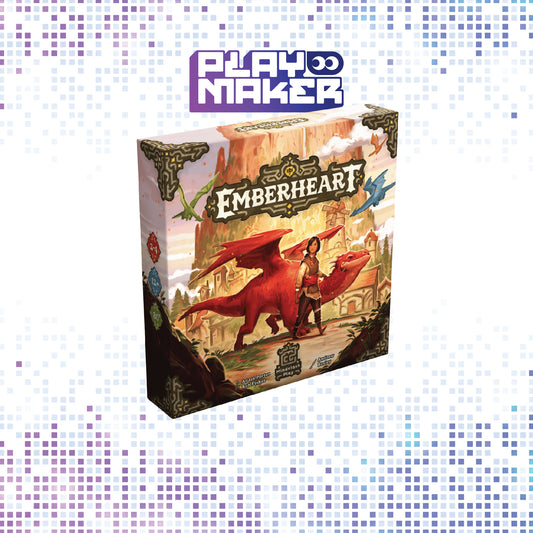 Board game box for 'Emberheart' by Playmaker on a mosaic background