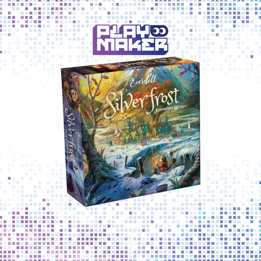 Board game box titled 'Everdell: Silverfrost Essentials Edition' by Playmaker on a mosaic background
