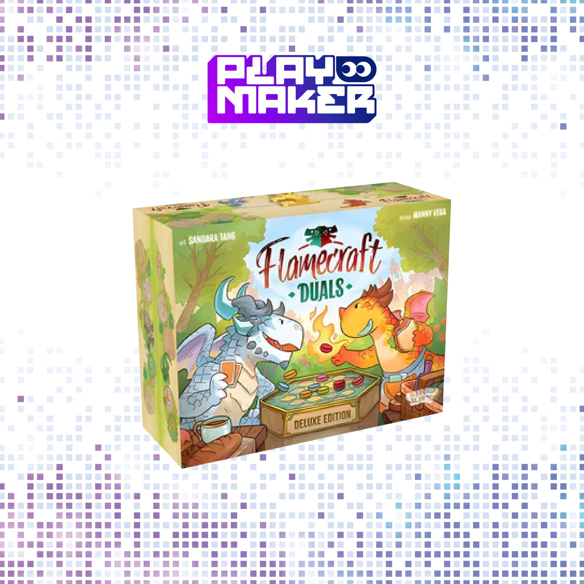 Board game box titled 'Flamecraft Duels' by Playmaker on a mosaic background