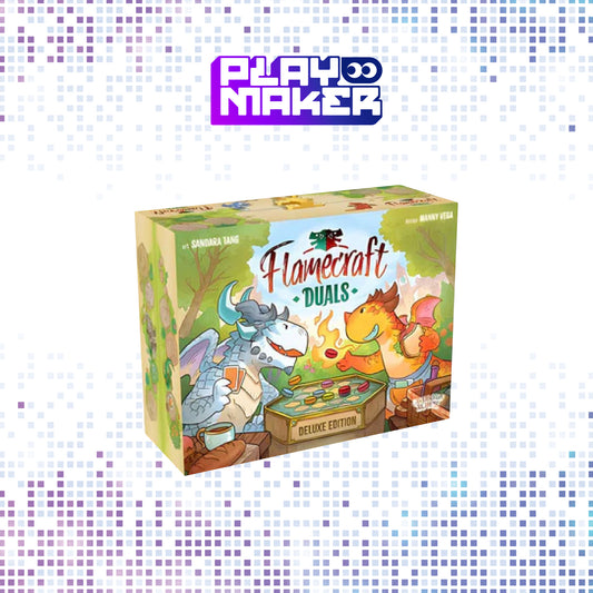 Board game box titled 'Flamecraft Duels' by Playmaker on a mosaic background