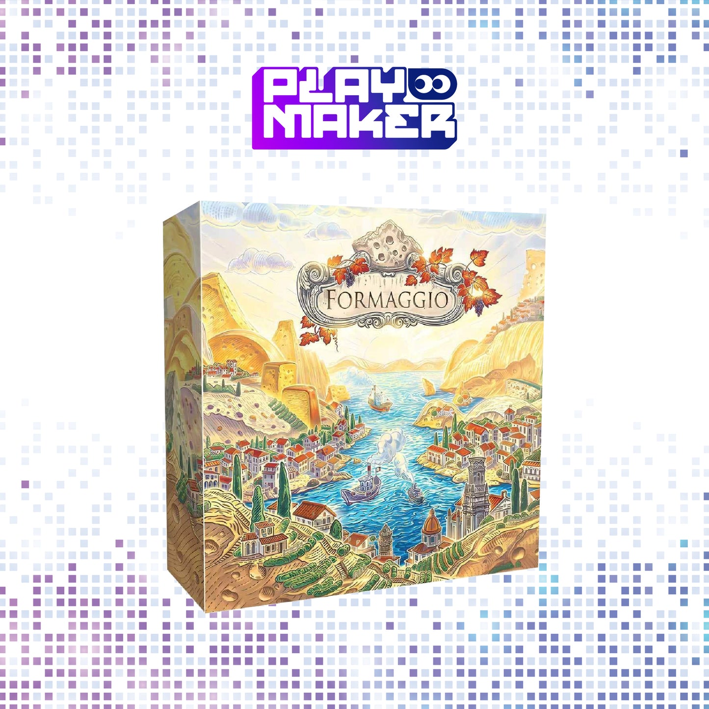 Board game box titled 'Formaggio' by Playmaker on a mosaic patterned background