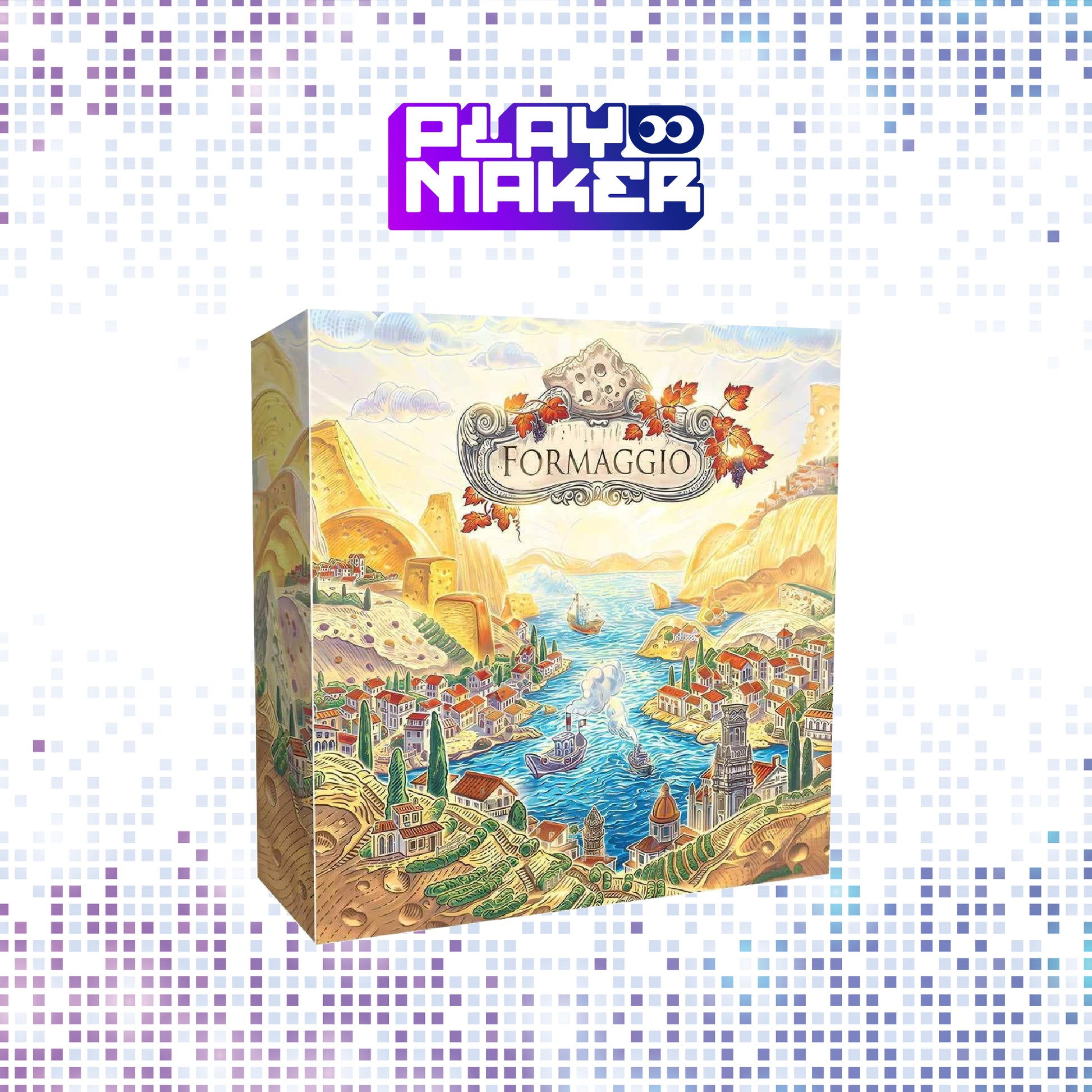 Board game box titled 'Formaggio' by Playmaker on a mosaic patterned background
