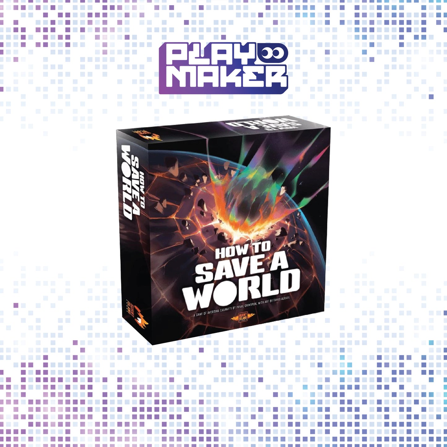 Board game box titled 'How to Save a World' by Playmaker on a mosaic background