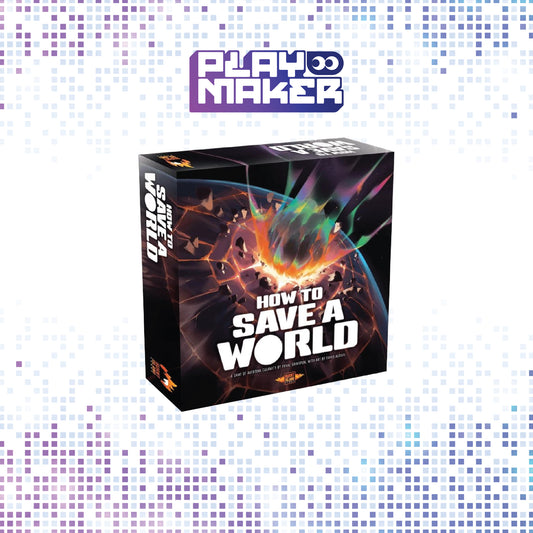 Board game box titled 'How to Save a World' by Playmaker on a mosaic background