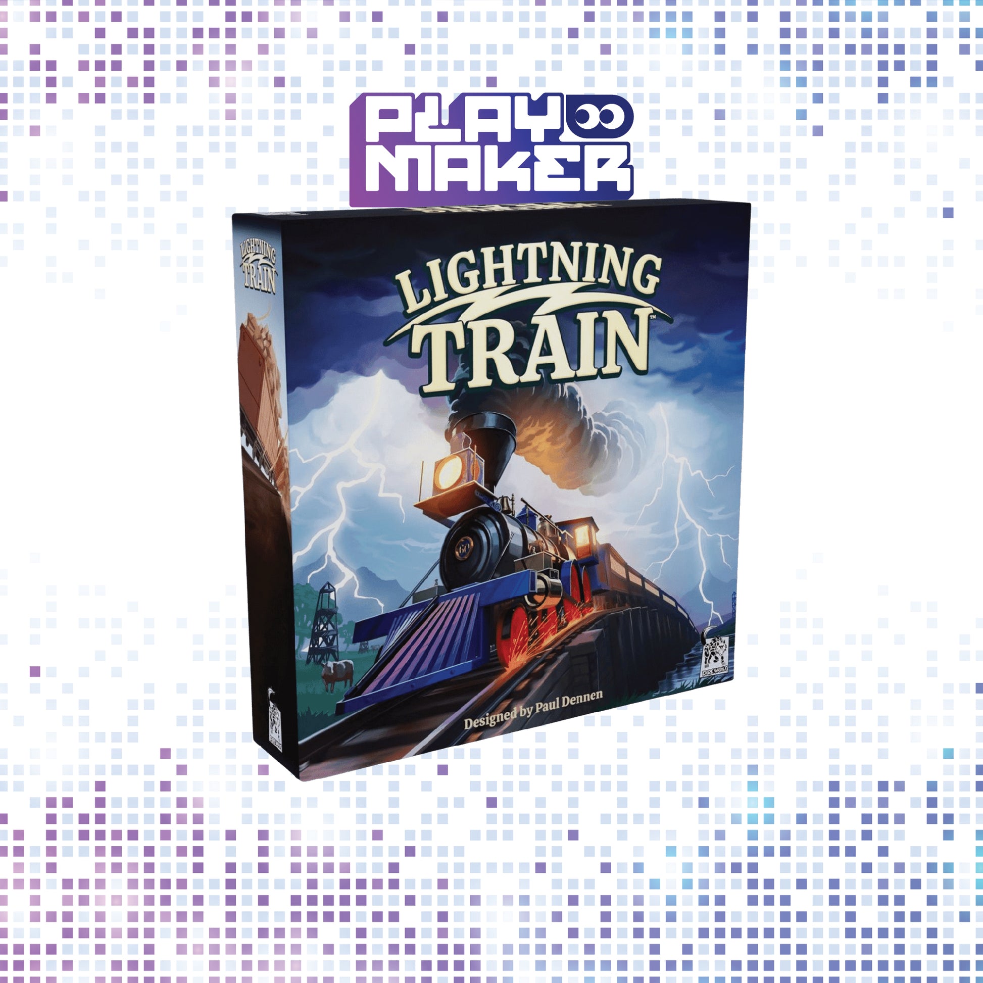 Board game box for 'Lightning Train' by Playmaker on a mosaic background