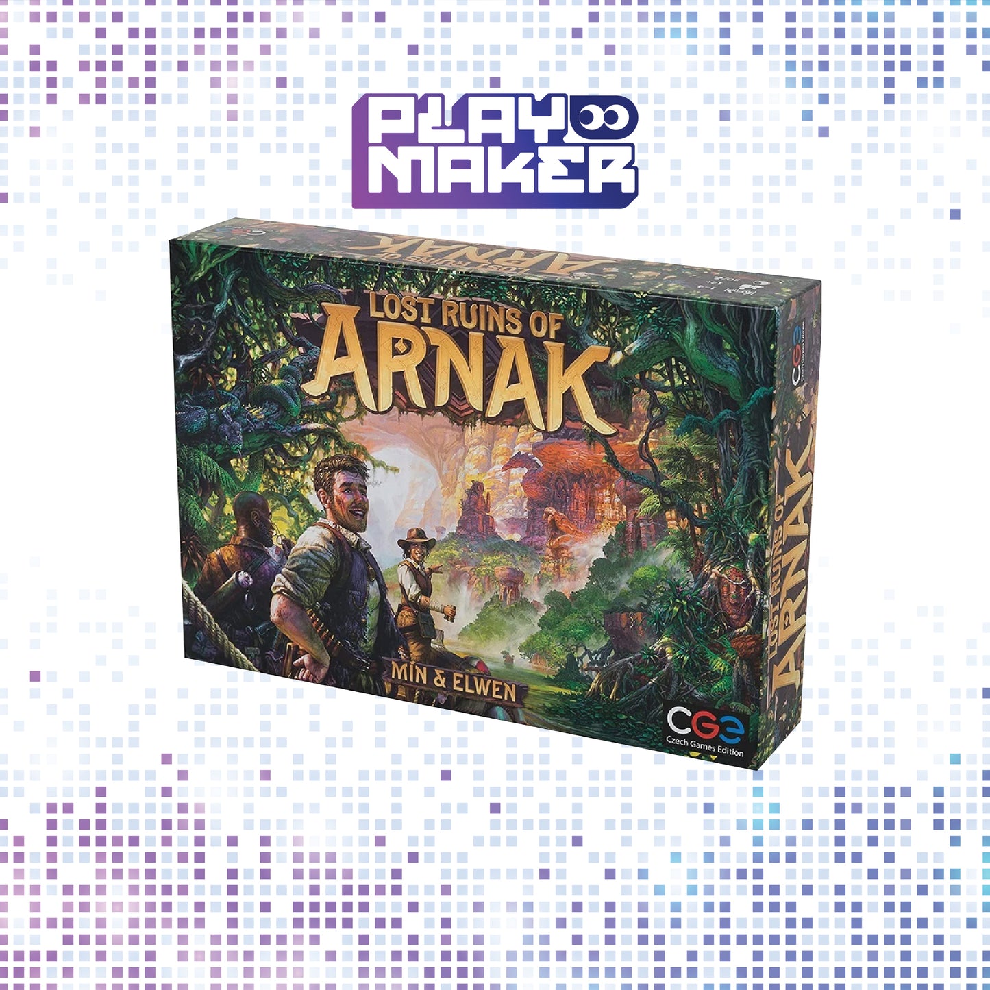 Board game box titled 'Lost Ruins of Arnak' with a jungle scene and explorer illustration on a white background.