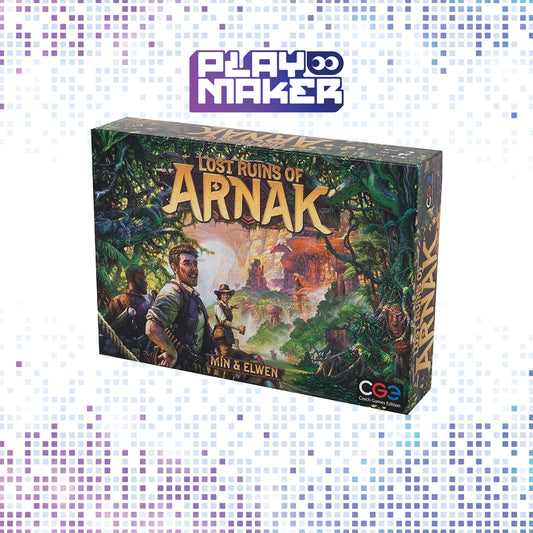 Board game box titled 'Lost Ruins of Arnak' with a jungle scene and explorer illustration on a white background.