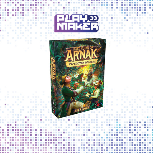 Board game box titled 'Lost Ruins of Arnak: Expedition Leaders' on a mosaic background