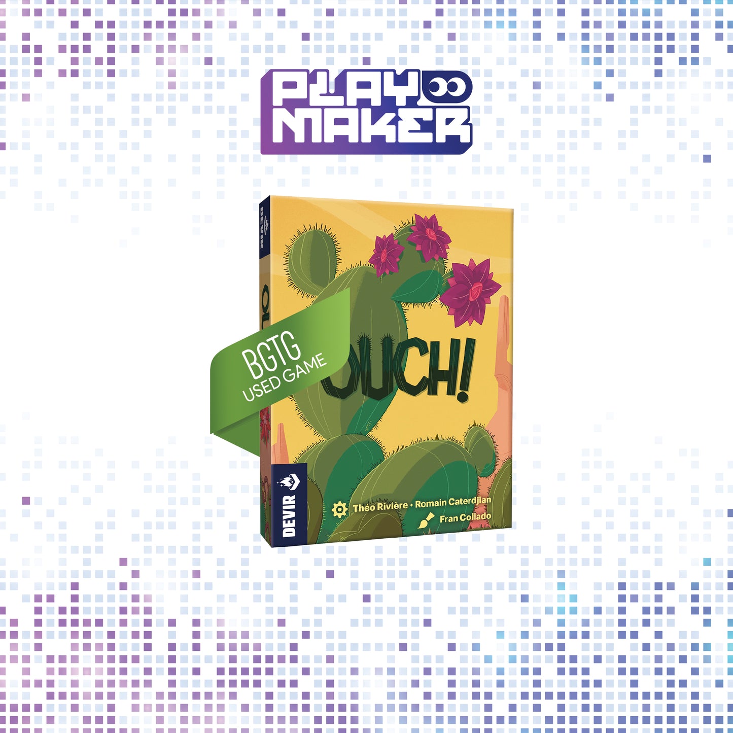 Board game box with cactus illustration and 'OUCH!' text on a mosaic background