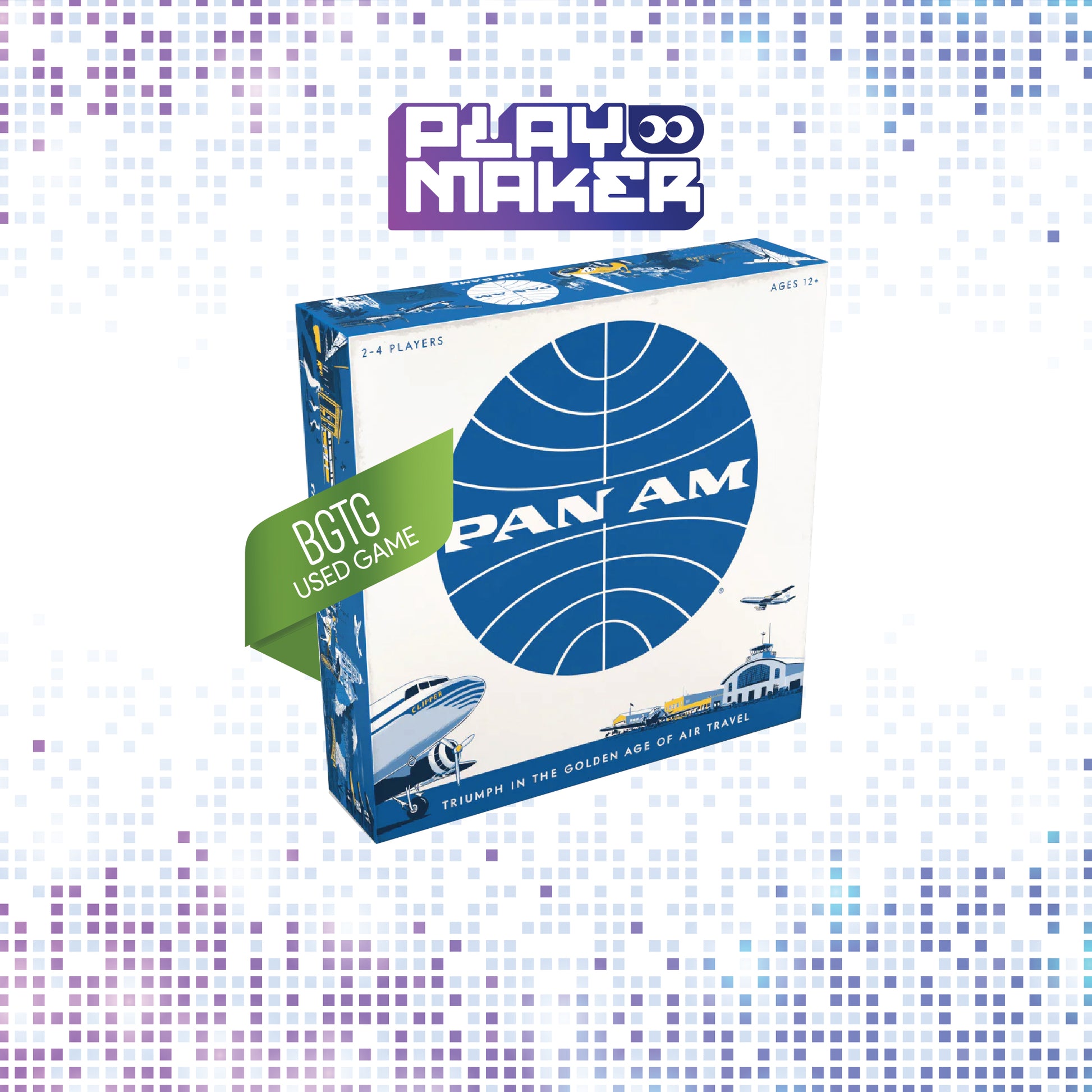 Board game box for 'Pan Am' by Playmaker on a mosaic background