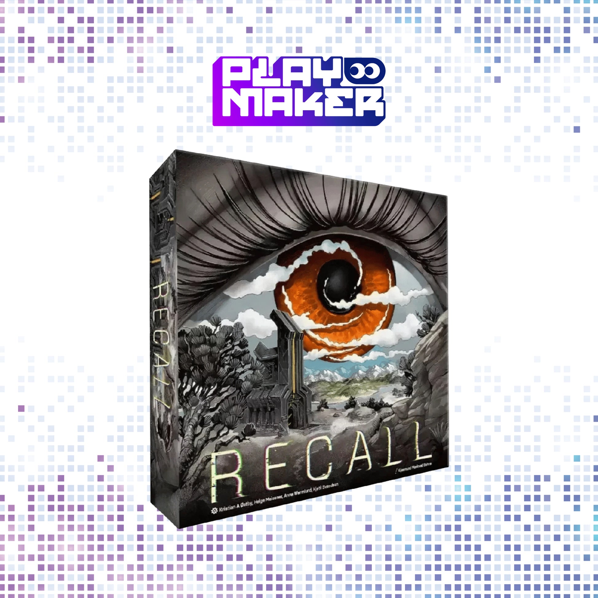 Board game box titled 'Recall' with 'Playmaker' branding on a mosaic background