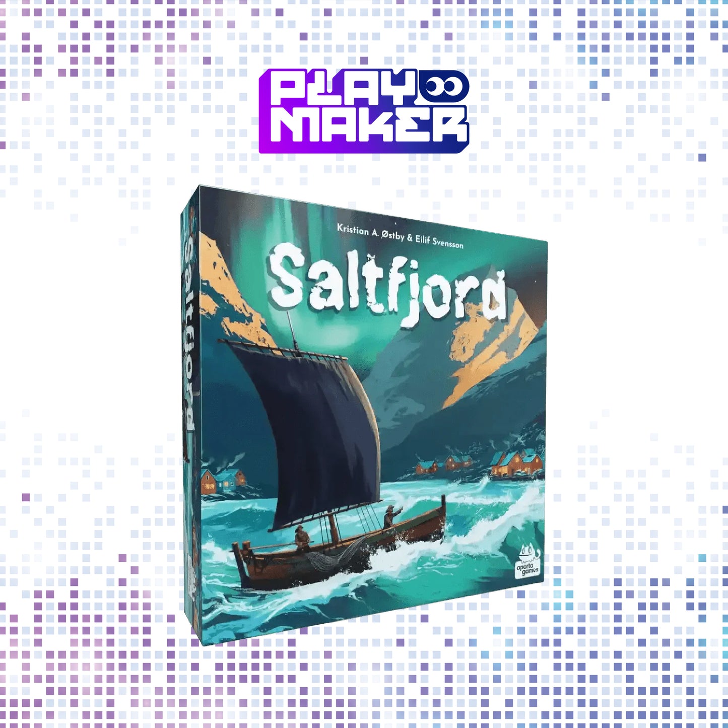 Board game box for 'Saltfjord' by Playmaker on a mosaic background