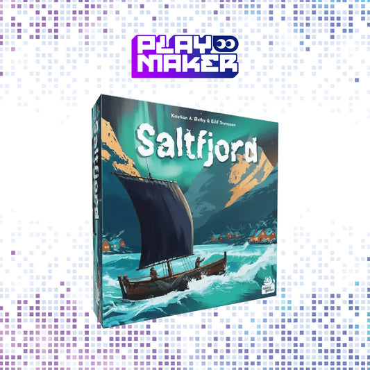 Board game box for 'Saltfjord' by Playmaker on a mosaic background