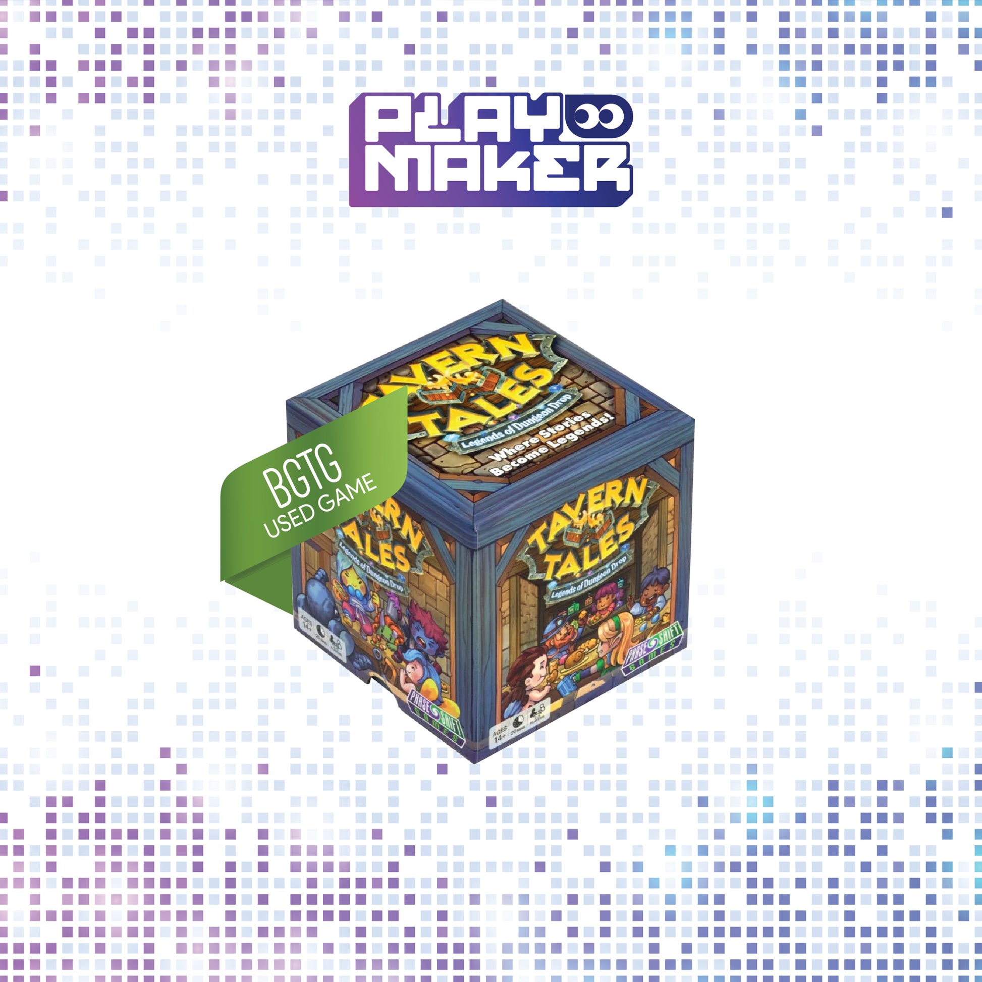 Board game box titled 'Tavern Tales: Legends of Dungeon Drop' with 'Playmaker' branding on a mosaic background.