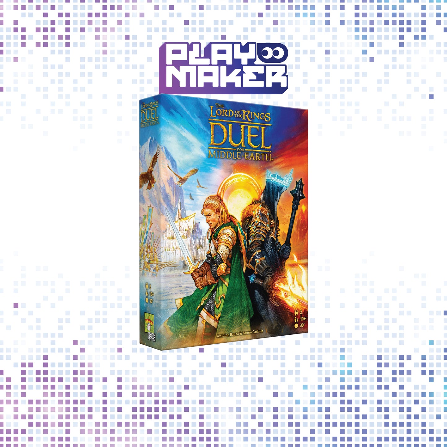 Board game box for 'The Lord of the Rings: Duel for Middle-earth' by Playmaker on a mosaic background