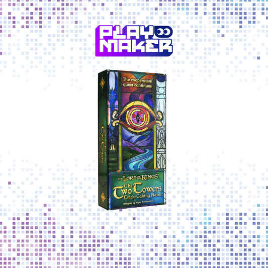 Board game box for 'The Lord of the Rings: The Two Towers' on a mosaic background with 'Playmaker' branding.