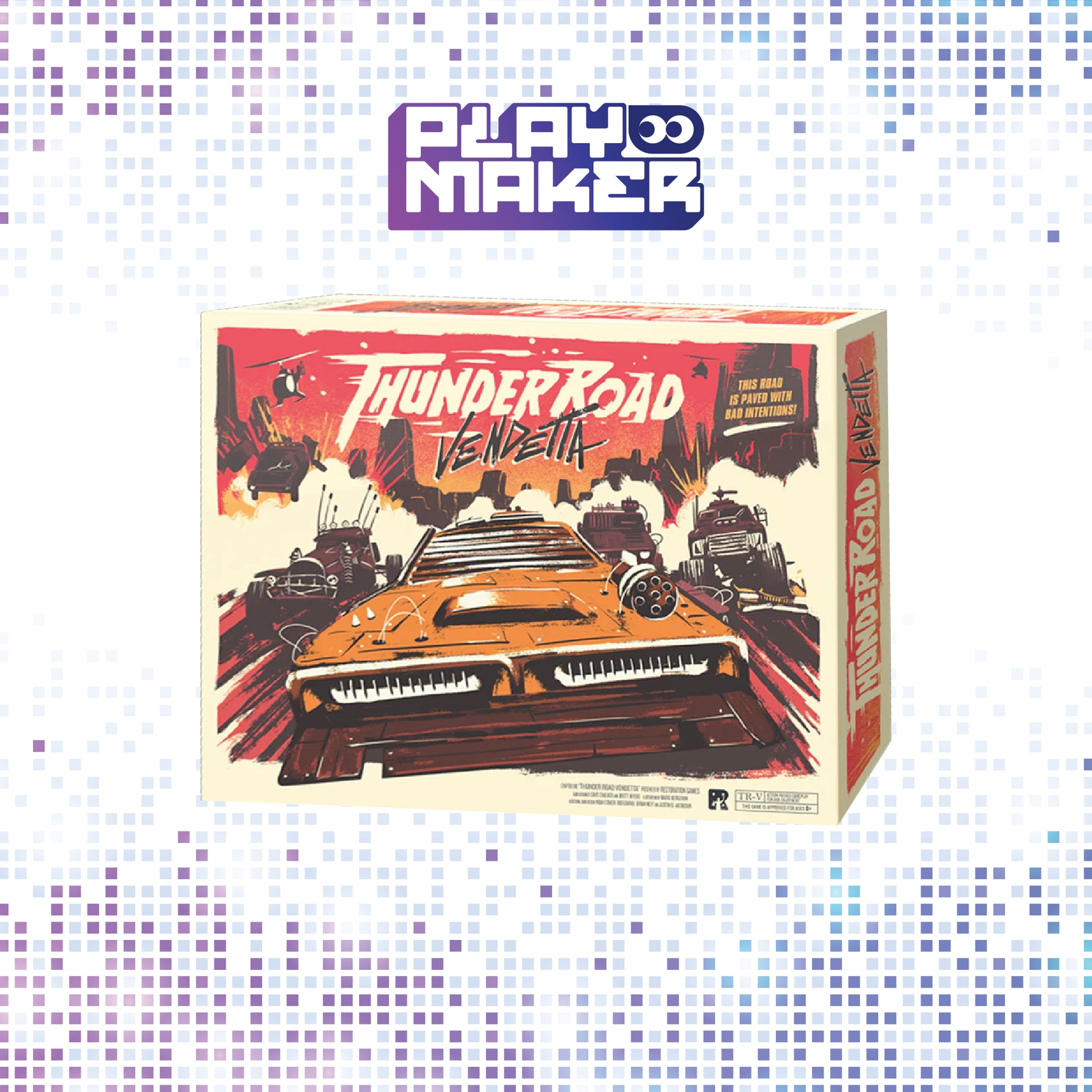 Board game box for 'Thunder Road: Vendetta' by Playmaker on a mosaic background