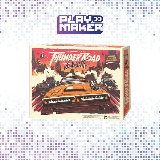 Board game box for 'Thunder Road: Vendetta' by Playmaker on a mosaic background