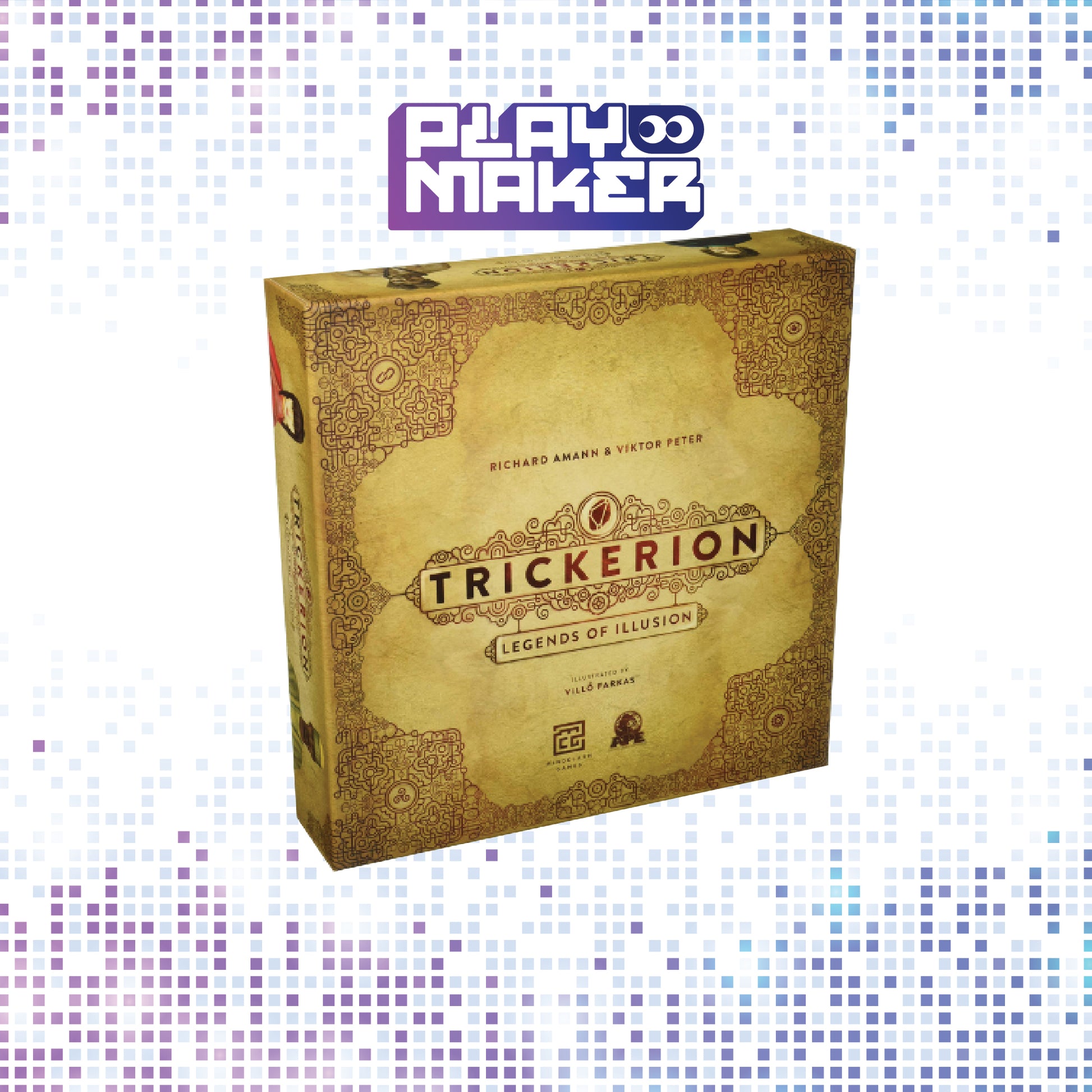 Board game box titled 'Trickerion: Legends of Illusion' with 'Playmaker' branding on a mosaic background.